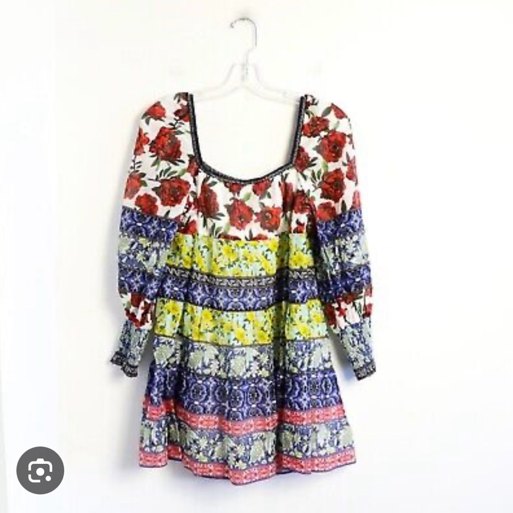 Floral Tiered Puff-Sleeve Mini Dress - Red, Blue & Yellow - Picture 3 of 5